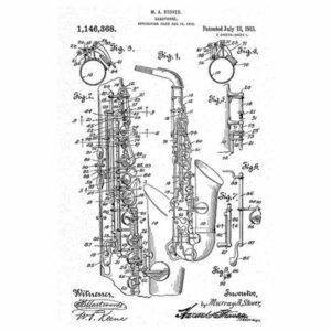 1915, Saxophone, M. A. Stover, Patent Art Poster, Black on White, 36"