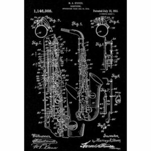 1915, Saxophone, M. A. Stover, Patent Art Poster, White on Black, 36"