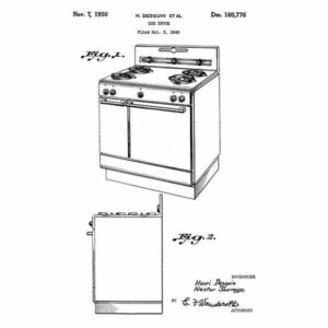 1950, Gas Stove, H. Desguin, Patent Art Poster, Black on White, 36" x