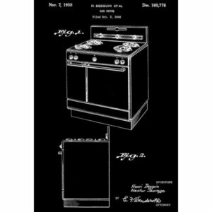 1950, Gas Stove, H. Desguin, Patent Art Poster, White on Black, 36" x