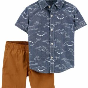 2-Piece Chambray Button-Front Shirt & Short Set