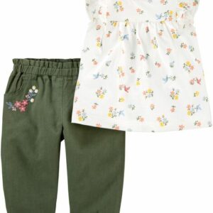 2-Piece Floral Jersey Top & Linen Pant Set