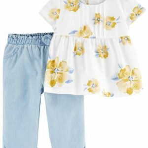 2-Piece Floral Tee & Chambray Pant Set