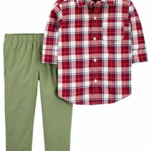 2-Piece Gingham Button-Front Shirt & Pant Set