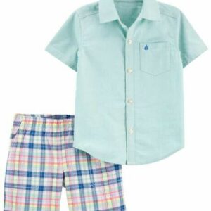 2-Piece Plaid Button-Front Shirt & Short Set