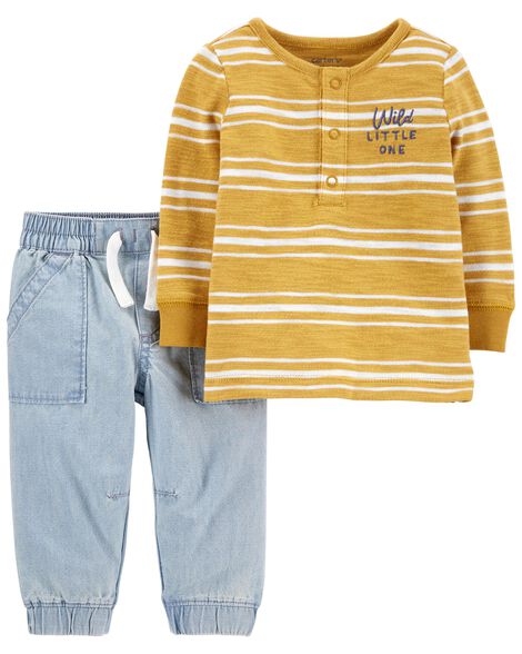 2-Piece Striped Sweater & Chambray Pant Set