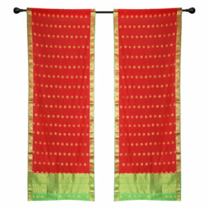 2 Red Bohemian Indian Sari Curtains Rod Pocket Living Room -60W x 84L