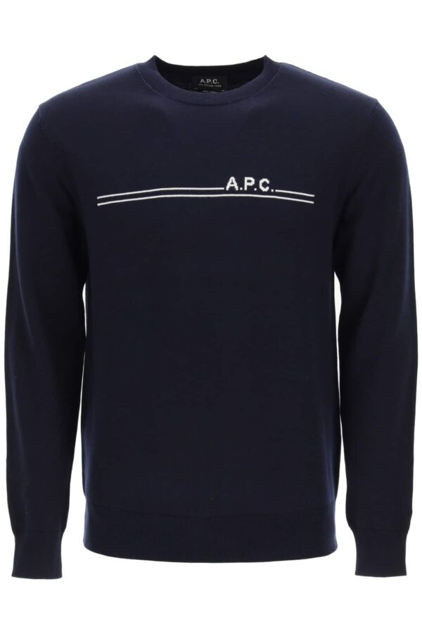 A.P.C. EPONYME SWEATER LOGO INTARSIA M Blue Cotton, Cashmere