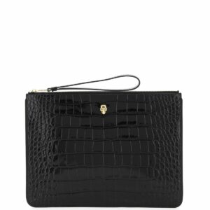 ALEXANDER MCQUEEN A4 ZIP POUCH WITH CROCODILE PRINT OS Black Leather