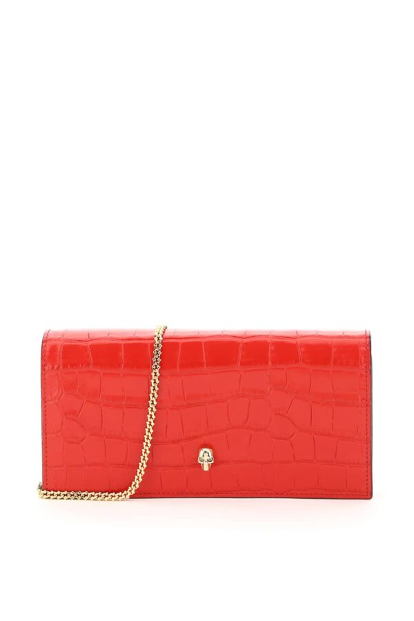 ALEXANDER MCQUEEN CROCO PRINT LEATHER CLUTCH WITH SKULL OS Red Leather