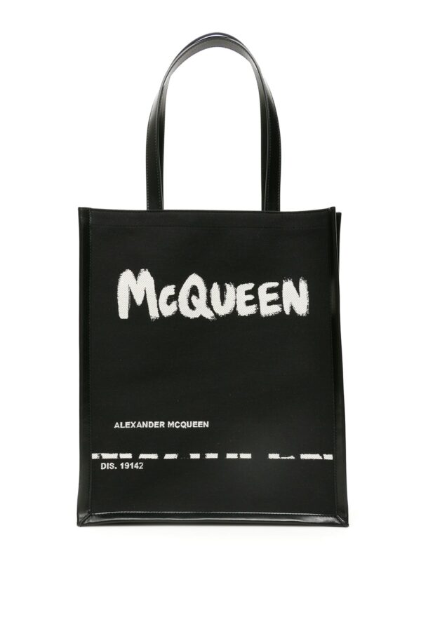 ALEXANDER MCQUEEN JACQUARD GRAFFITI LOGO TOTE BAG OS Black, White Leather, Cotton