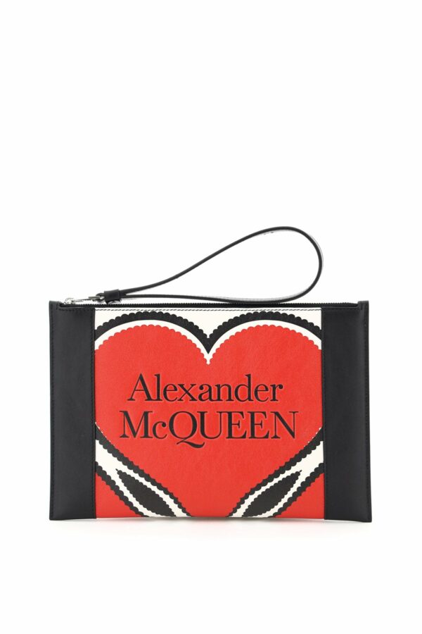 ALEXANDER MCQUEEN LEATHER POUCH HEART PRINT OS White, Black, Red Leather