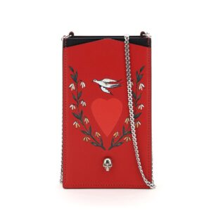 ALEXANDER MCQUEEN PHONE CASE WITH PRINT AND CHAIN OS Red, Black Leather