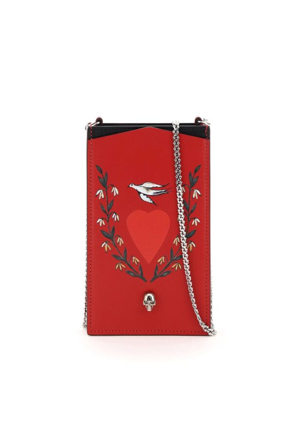 ALEXANDER MCQUEEN PHONE CASE WITH PRINT AND CHAIN OS Red, Black Leather