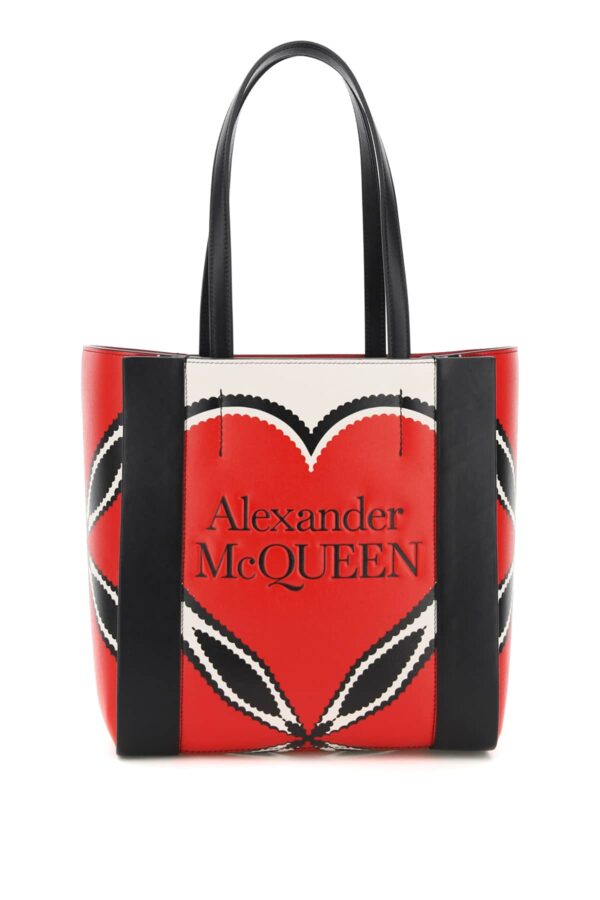 ALEXANDER MCQUEEN SMALL TOTE BAG EXPLODED HEARTS OS White, Black, Red Leather