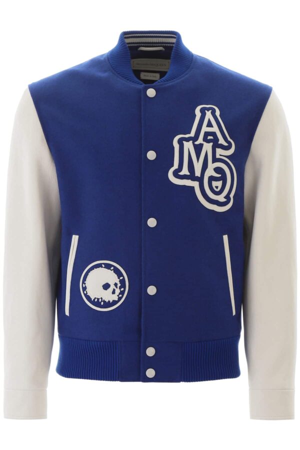 ALEXANDER MCQUEEN VARSITY JACKET WITH LEATHER LOGO PATCH 48 Blue, White Leather, Wool
