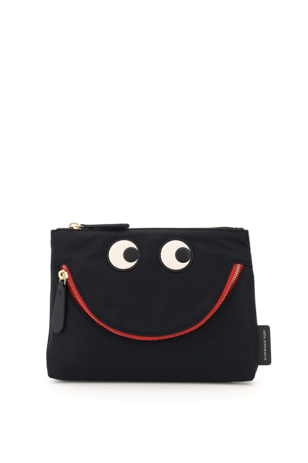 ANYA HINDMARCH HAPPY EYES NYLON POUCH OS Black, Red Technical, Leather