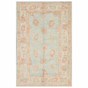 All-Over Hand-Knotted Oushak Oriental Area Rug For Living Room, Blue,