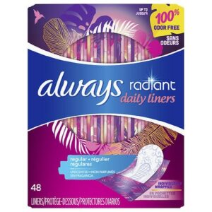 Always Radiant Daily Liners, Unscented, Wrapped Unscented, Regular - 48.0 ea