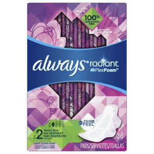 Always Radiant Heavy Flow Sanitary Pads Light Clean Scent With Wings Light, Clean Scent, Size 2 - 36.0 ea