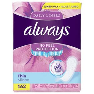 Always Thin Daily Liners, Unscented, Wrapped Unscented, Regular - 162.0 ea