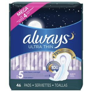 Always Ultra Thin Extra Heavy Overnight Pads With Wings Unscented, Size 5 - 46.0 ea