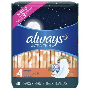 Always Ultra Thin Overnight Pads With Wings Unscented, Size 4 - 38.0 ea