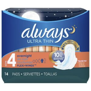 Always Ultra Thin Overnight Pads With Wings Unscented Unscented, Size 4 - 14.0 ct