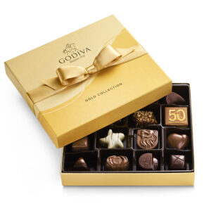 Assorted Chocolate Gold Gift Box and Ballotin, Gold Ribbon, 19 pc Dark, White, Milk Chocolate Pralin Heart Caramel Embrace Raspberry Star