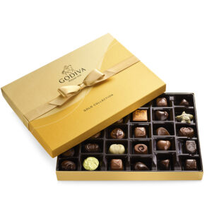 Assorted Chocolate Gold Gift Box and Ballotin, Gold Ribbon, 36 pc Dark, White, Milk Chocolate Raspberry Star