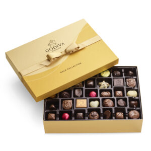 Assorted Chocolate Gold Gift Box and Ballotin, Gold Ribbon, 70 pc Dark, White, Milk Chocolate Pralin Heart