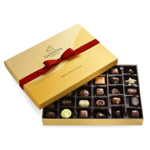 Assorted Chocolate Gold Gift Box and Ballotin, Red Ribbon, 36 pc | Valentine's Day Dark, White, Milk Chocolate Raspberry Star