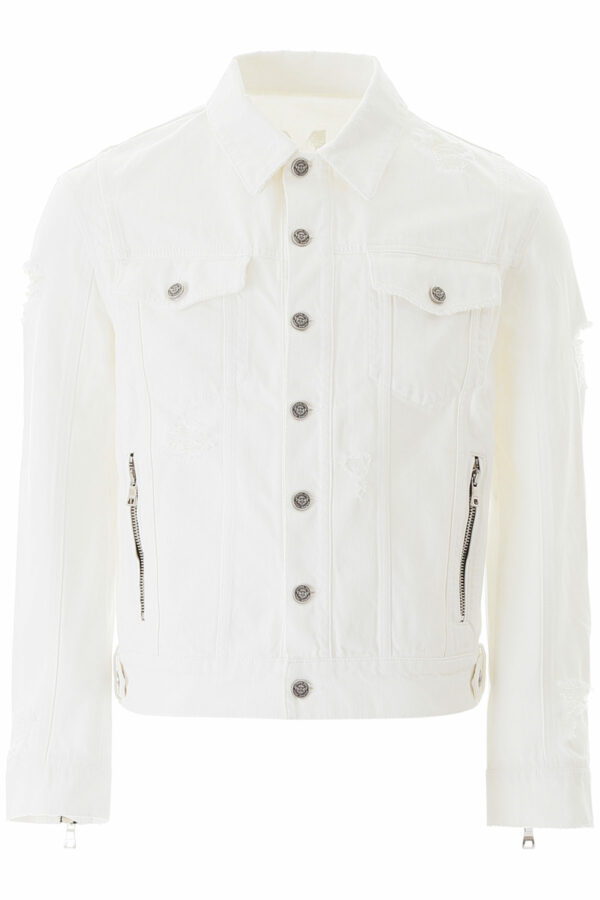 BALMAIN DENIM JACKET WITH LOGO 50 White Cotton, Denim