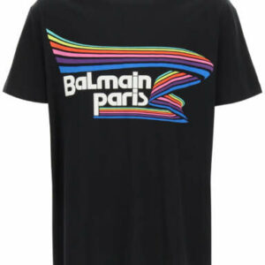 BALMAIN MULTICOLOR FLOCK RUBBER LOGO PRINT T-SHIRT S Black, White, Red Cotton