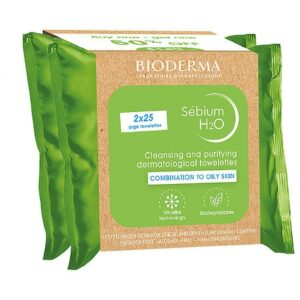 BIODERMA DUO Sebum H2O Cleansing Makeup Remover Wipes-Combination Oily Skin - 25.0 ea x 2 pack