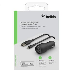 Belkin 24W Dual USB-A Car Charger Black with Lightning Cable 3.3Ft/1M - 1.0 ea