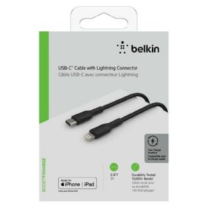 Belkin BOOST CHARGE Braided USB-C to Lightning Cable (1m / 3.3ft, Black) - 1.0 ea