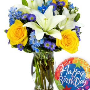Bright Blue Skies Bouquet with Birthday Balloon - Regular