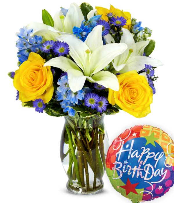 Bright Blue Skies Bouquet with Birthday Balloon - Regular