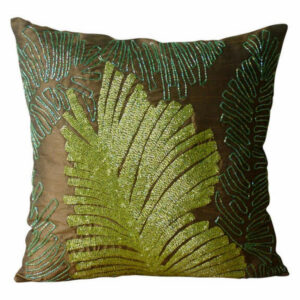 Brown Living Room Pillow Covers Art Silk 20"x20" Leaf Beaded, Rain For