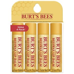 Burt's Bees 100% Natural Moisturizing Lip Balm Original Beeswax with Vitamin E & Peppermint Oil, Beeswax, 4 Tubes - 0.15 oz x 4 pack