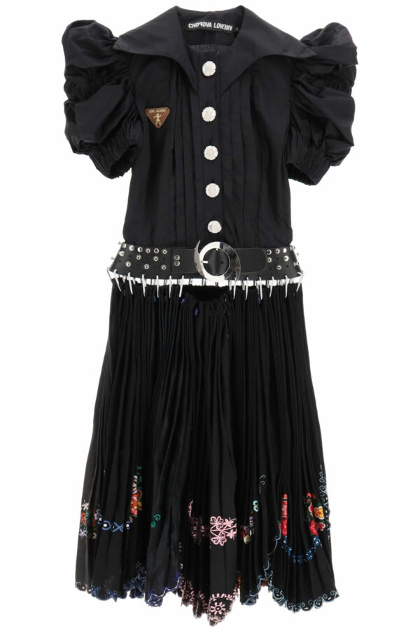 CHOPOVA LOWENA MIDI DRESS WITH AVALANCHE EMBROIDERY S Black, Pink, Fuchsia Cotton, Leather