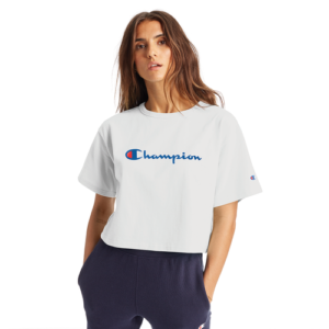 Champion Womens Champion Heritage Script Cropped T-Shirt - Womens White/Blue Size L