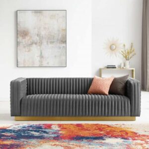 Charisma Channel Tufted Performance Velvet Living Room Sofa in Charcoal