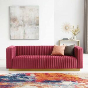 Charisma Channel Tufted Performance Velvet Living Room Sofa in Maroon