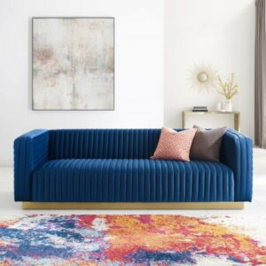 Charisma Channel Tufted Performance Velvet Living Room Sofa in Navy