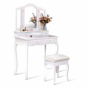 Costway Vanity Makeup Dressing Table Set bathroom W/Stool 4 Drawer &Mi