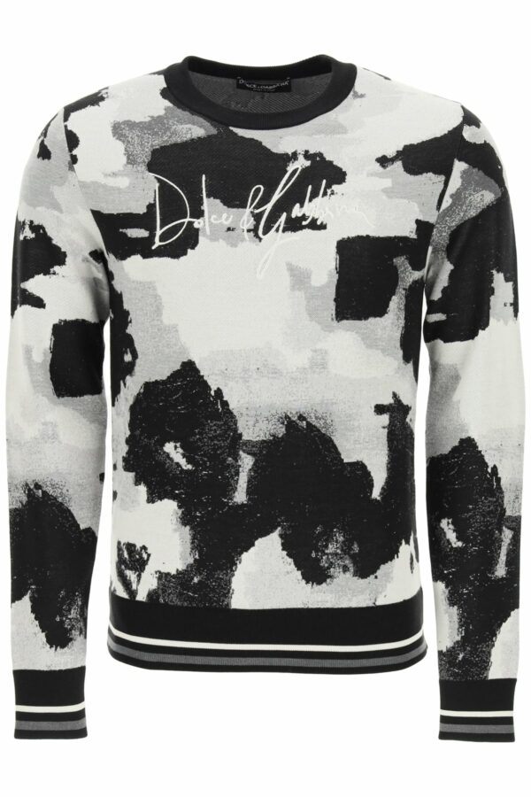 DOLCE & GABBANA CAMOUFLAGE SWEATER WITH LOGO EMBROIDERY 46 Black, Grey, White Silk