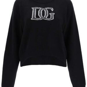 DOLCE & GABBANA SWEATER LUREX LOGO EMBROIDERY 42 Black, Metallic Cashmere