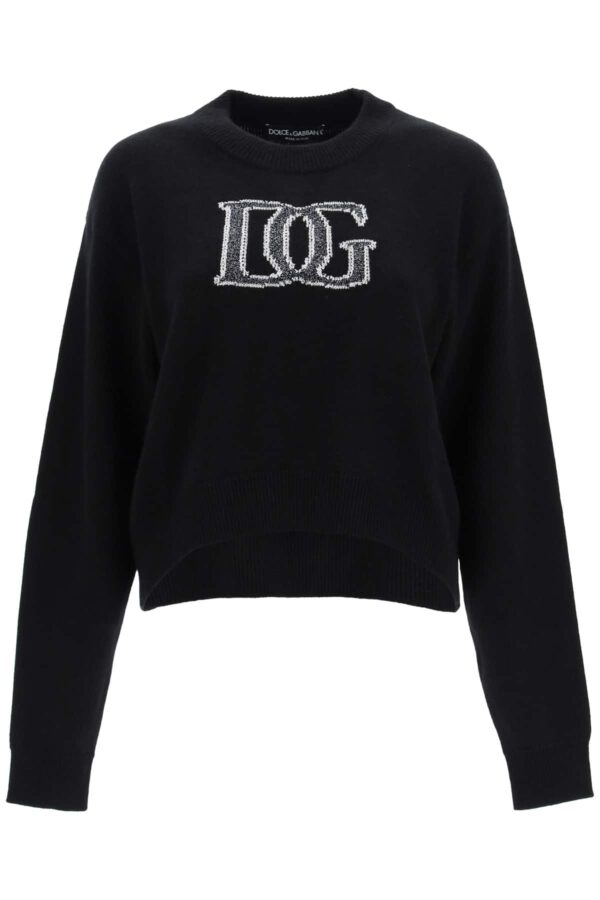 DOLCE & GABBANA SWEATER LUREX LOGO EMBROIDERY 42 Black, Metallic Cashmere